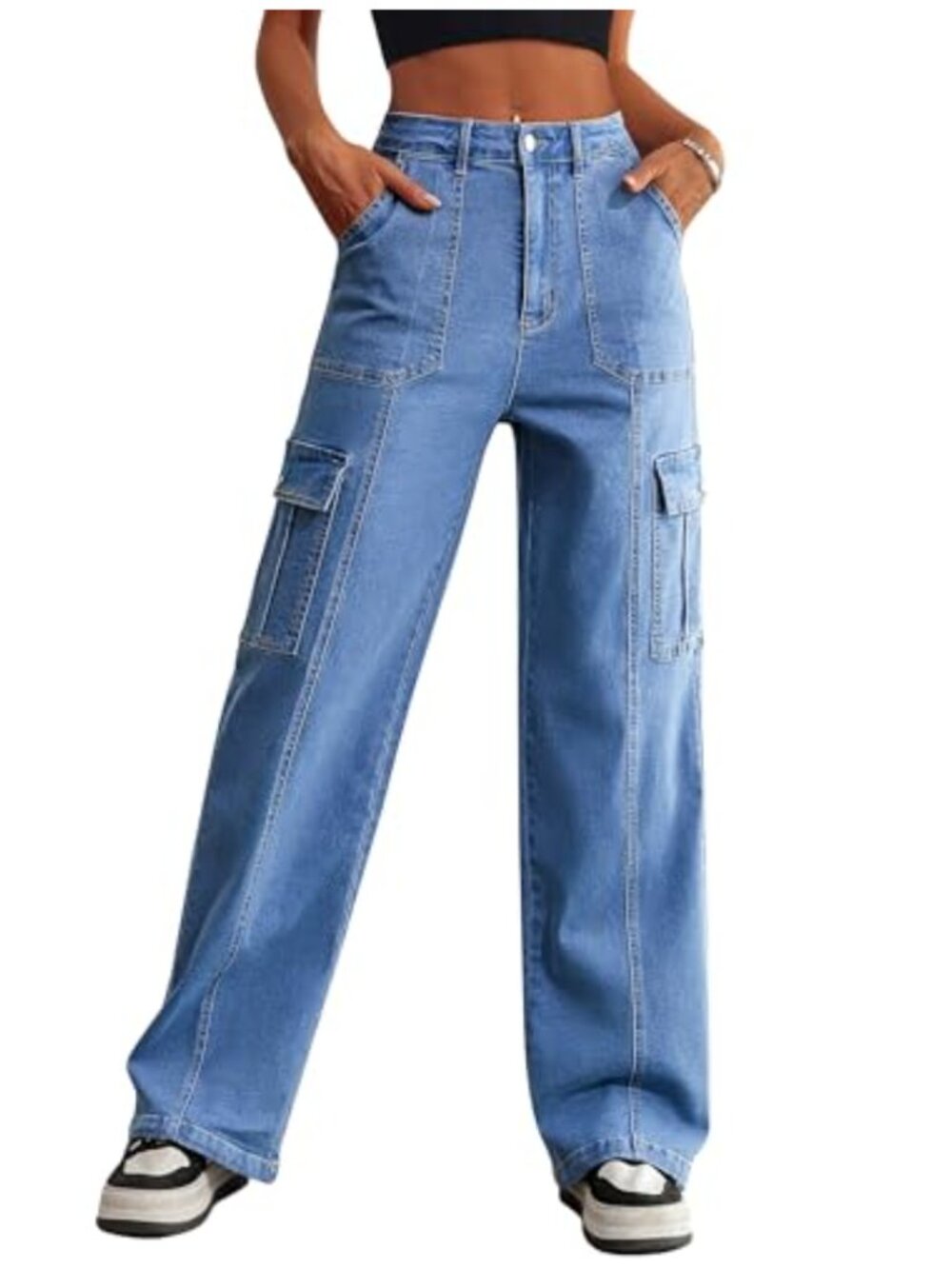 Cargo Pants High Waisted Wide Leg 6 Pockets Drawstring Ankle Women